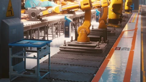 Factory robots assemble products at a work station in a manufacturing facility Stock Footage 340028356