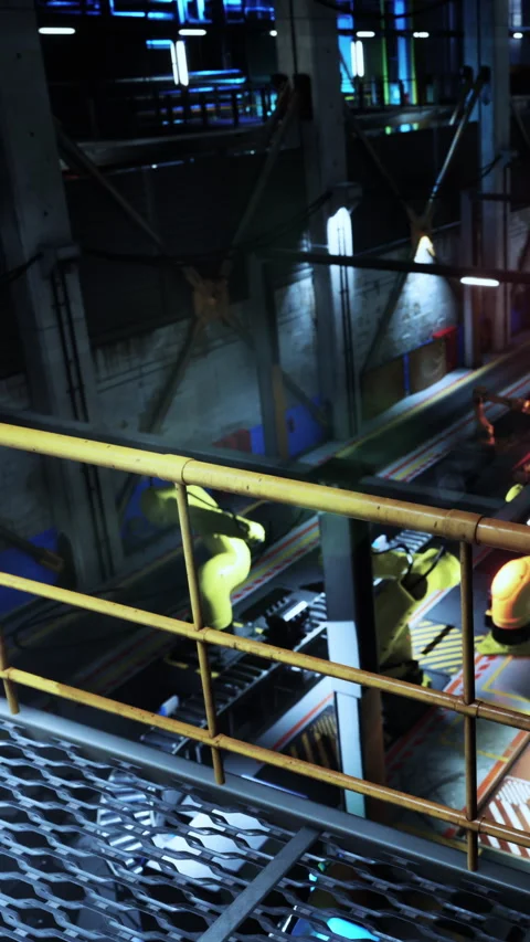 Factory robots work on assembly line during daylight hours in industrial space Stock Footage 339775098
