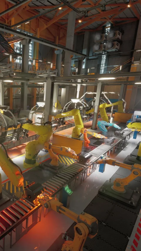 Factory robots work on assembly line in a large industrial space Stock Footage 342150027