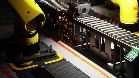 Factory robots work on an assembly line in a manufacturing setting Stock Footage 343545638