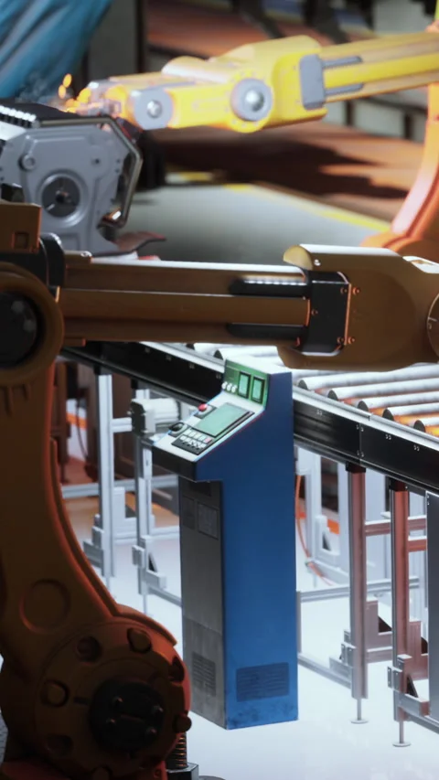 Factory robots work together on an assembly line during daytime hours Stock Footage 342132098
