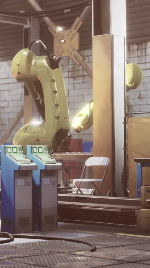 Factory robots work together in an industrial setting during the daytime Stock Footage 338420366