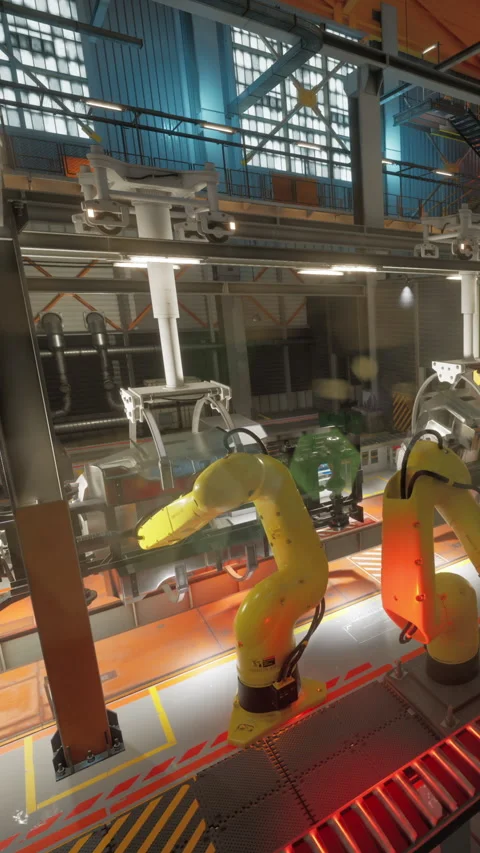 Factory robots working on assembly line during production process Stock Footage 342130923
