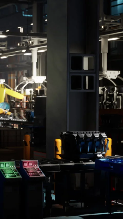 Factory scene with robotic arm and control panels at work site Stock Footage 341039236