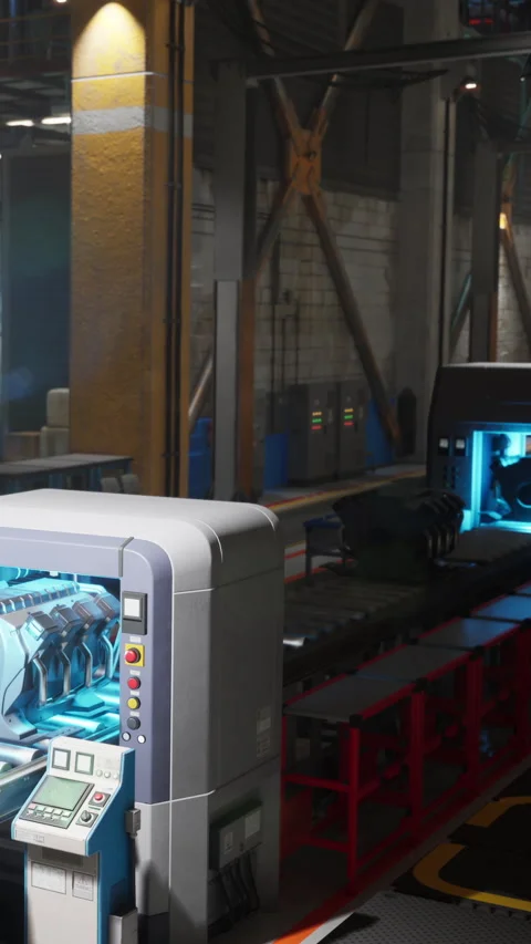 Factory scene shows machines with glowing lights in work environment Vídeos de archivo 341054663