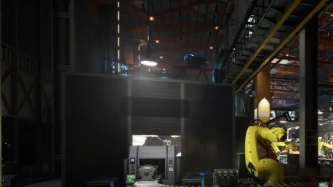 Factory setting with machinery and robotic arm in action during the day Stock Footage 344844551