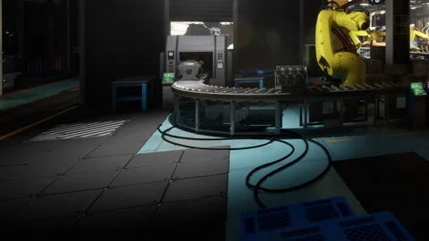Factory setting with robotic arm and conveyor belt for assembly tasks Stock Footage 343948264