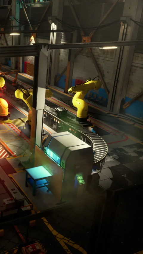 Factory setting with robotic arms and assembly line at night Stock Footage 341043949