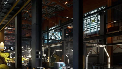 Factory setting with robotic arms and bright windows during the day Stock Footage 345063994