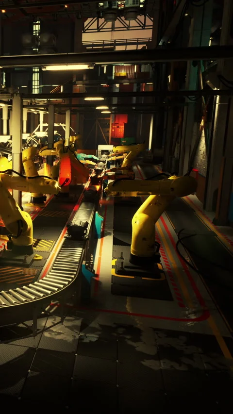 Factory setting with robotic arms working on assembly line in a production area Stock Footage 339038510