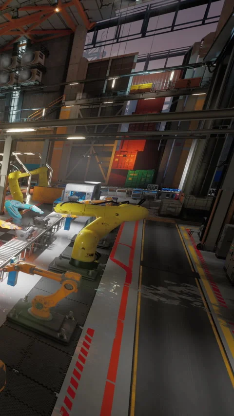 Factory setting with robotic arms working on assembly line in industrial area Stock Footage 342150994