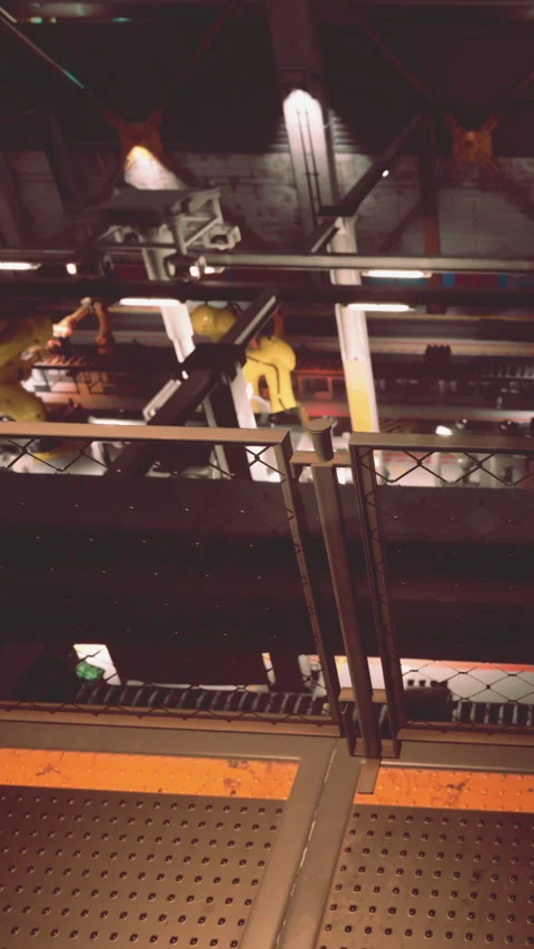 Factory setting with workers in yellow suits and machinery at night Stock Footage 341058684