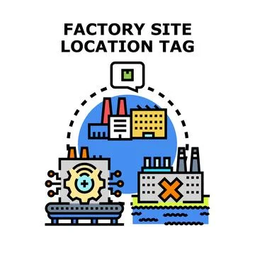 Factory site location tag choosing optimal place Ilustración de archivo