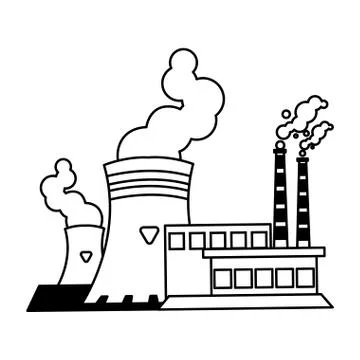 Factory with smoke clouds on white background Illustrazione stock