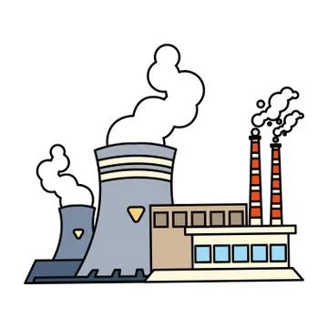Factory with smoke clouds on white background Illustrazione stock