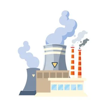Factory with smoke clouds on white background Illustrazione stock