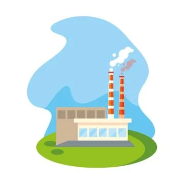 Factory with smoke clouds on white background Illustrazione stock