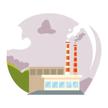 Factory with smoke clouds on white background Illustrazione stock