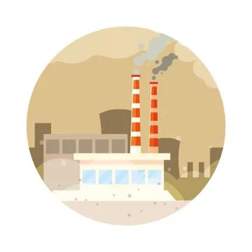 Factory with smoke clouds on white background Illustrazione stock
