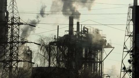 Factory smoke stack (2) Stockbeeldmateriaal 44497855