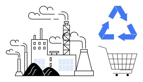 Factory with smoke stacks and pollution, alongside recycling symbol and shopp Stock Illustration
