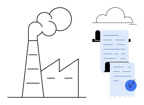 Factory with smokestack and documents connected by cloud. Ideal for industry, 库存插图