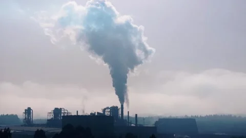 Factory Smokestack Emits White Thick Smoke. - wide shot Video stock 265960582