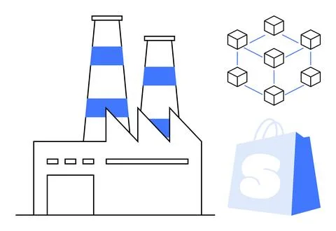 Factory with smokestacks, a network of blocks symbolizing blockchain, and a s 스톡 일러스트