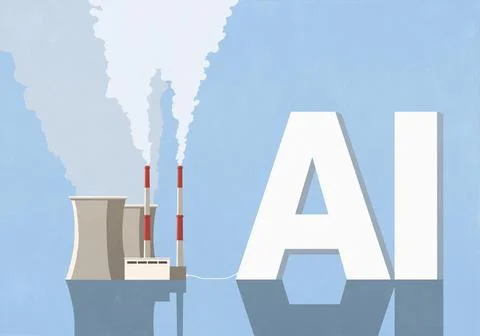 Factory with smokestacks plugged into large AI letters on blue background Stock Illustration