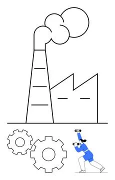 Factory with Smoking Chimney and Worker Operating Large Gear to Produce Goods イラスト素材