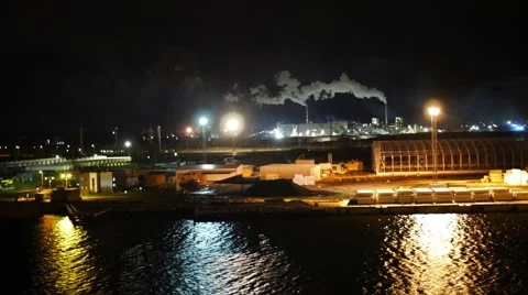 Factory with smoking pipe, night, riga, latvia Stock Footage 61521528