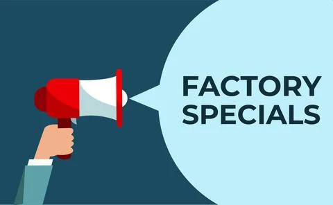 Factory specials text. Alert megaphone chat banner with user. Advertising Stock Illustration
