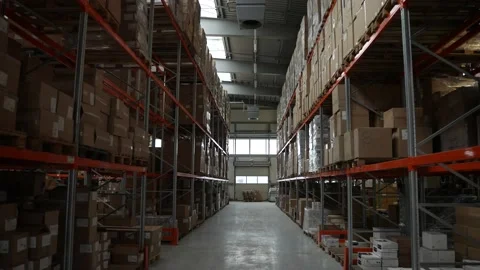 Factory storage full of goods on racks inside Stock Footage 161948415