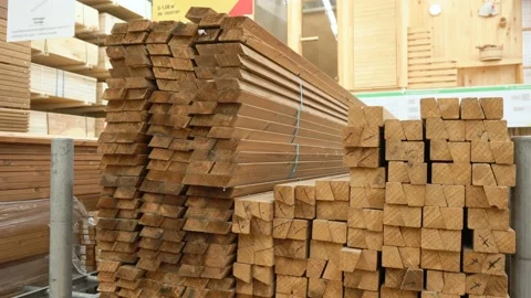 Factory storage of wooden beams with processing. Panorama of the tree in plant. Stock Footage 98307574