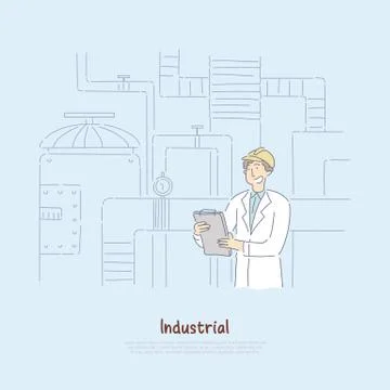 Factory supervisor in white coat studying report, chief engineer analyzing ma Stock Illustration
