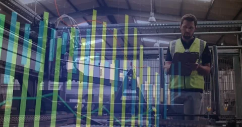 Factory tech tapping pad and watching robot arm causing data overlay growth Stock Footage 330546877