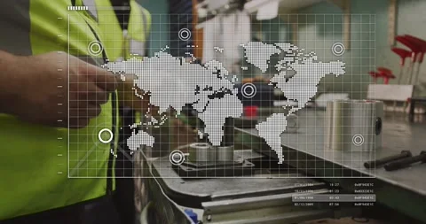 Factory technician aligning part into fixture, showing animated map graph for Stock Footage 330055441