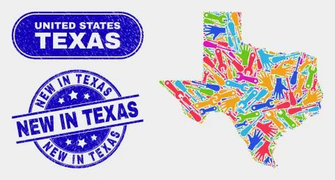 Factory Texas State Map and Distress New in Texas Seals Illustrazione stock