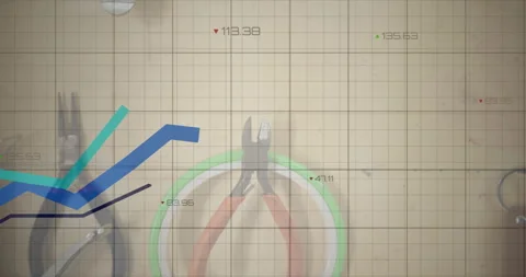 Factory timeline animating graph lines rising and falling across bench tools Stock Footage 312005915