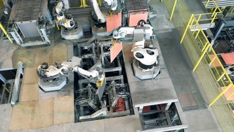Factory unit with industrial robots transporting plates of copper Video stock 158158567