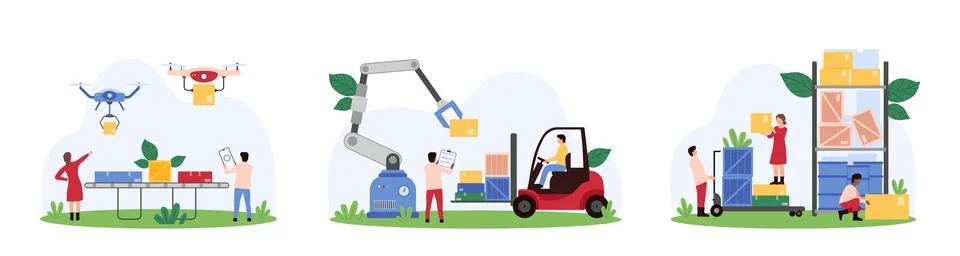 Factory warehouse with AI, tiny people, automated smart equipment for goods イラスト素材