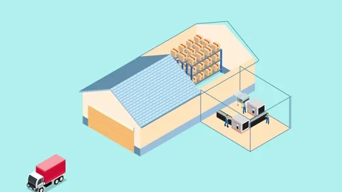 Factory warehouse and logistics building with delivery truck, storage racks.. Stock Footage 337943270