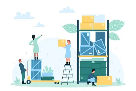 Factory warehouse and storage, tiny people work with inventory and loader to 스톡 일러스트