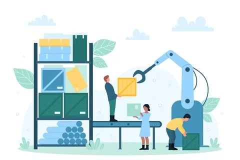 Factory warehouse with automatic equipment, tiny people lift boxes with robot Stock Illustration