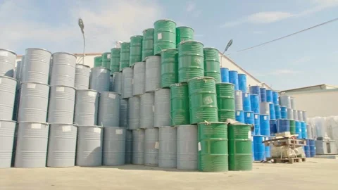 Factory warehouse filled with huge amount of barrels Stock Footage 248363256