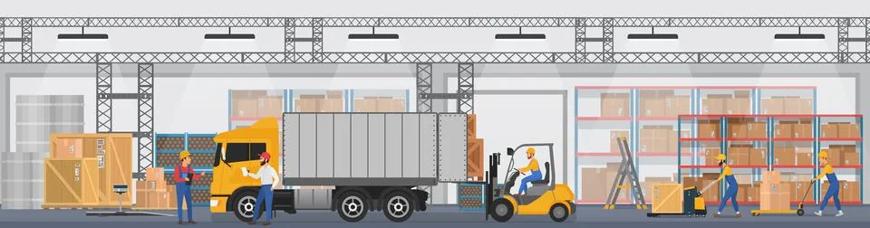 Factory warehouse interior with inventory, workers loading parcel boxes into Illustrazione stock