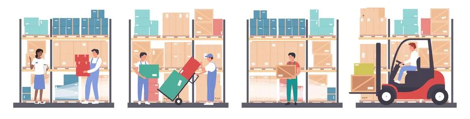 Factory warehouse set, workers carry boxes, control of working process by Illustrazione stock