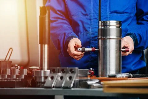 Factory worker assembling cylindrical steel bearing. Cropped, no face. Stock Photos