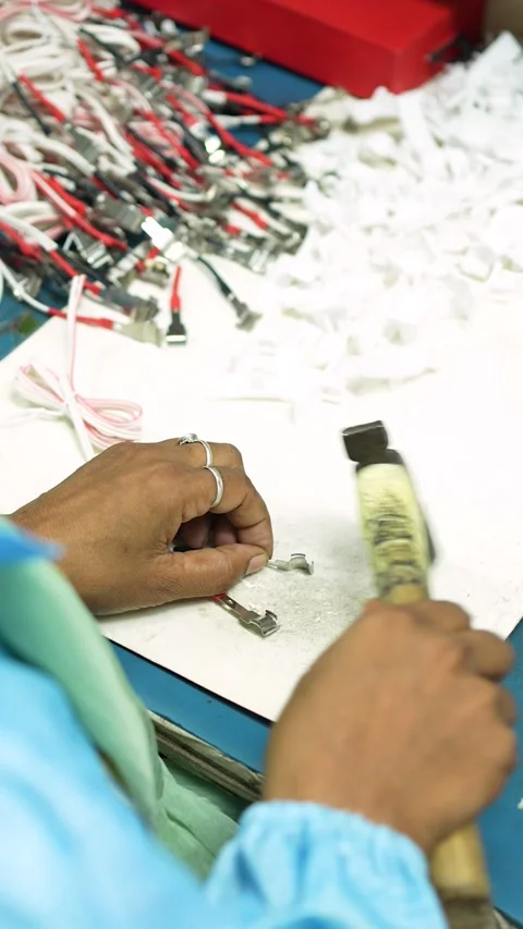 Factory Worker Assembling Electronic Cables in Noida Plant Stock Footage 345809684