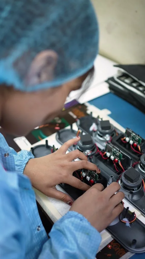 Factory Worker Assembling Electronic Components in Noida Facility Stock Footage 345810039